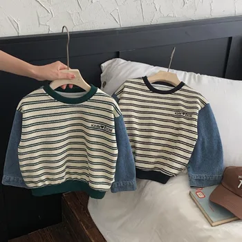 2023 Jesen Dječje Veste modni prugasta traper pulover u patchwork stilu dugih rukava za dečake, besplatne dnevne hoodies