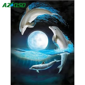 AZQSD DIY 5D Diamond Slikarstvo Delfin Setovi Za Vezenje Životinja obasjan mjesečinom Noć Krajolik Mozaik More Nova Kolekcija 2023 Poklon ručni Rad