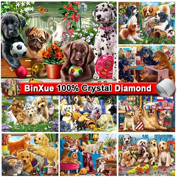 BinXue Ručno DIY Torba Munje Ljubimac Pas je 100% Pun Crystal Dijamant Slikarstvo Mačka Cvijet Vez Križić Diamond Mozaik Umjetnički Dar