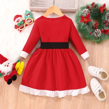 Božićna haljina za djevojčice, Svakodnevno mini haljinu s okruglog izreza i dugim rukavima, Elegantan smještaj haljina kontrastne boje