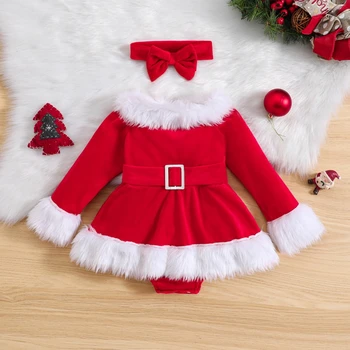 Božićni ukrasi od 2 predmeta za djevojčice, haljina-kombinezon dugih rukava i dressing na glavu, komplet odjeće za novorođenčad