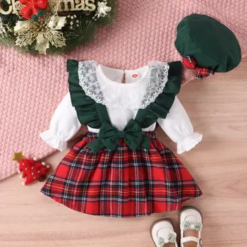 Božićno odjeća za djevojčice Čipke luk pokrivač remen haljina+Čipke jednodijelni s dugim rukavima+Kapa 3pcs novogodišnji kostim djevojčica postavlja na 0-24.OG
