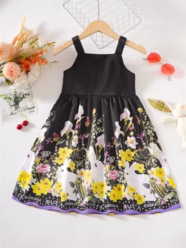 Dječja Smještaj haljina Princeze za djevojčice od 4 do 8 godina, Crna Suknja na trake Slatka rabbit i cvijećem, Ljetni Svakodnevne Slatka Haljina Trapeznog Oblika za djevojčice