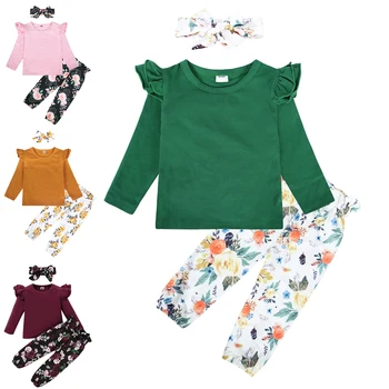 Jurebecia/ slatka odjeća s cvjetnim uzorkom za djevojčice, komplet odjeće za djecu, t-shirt s рюшами + hlače s dressing na glavu