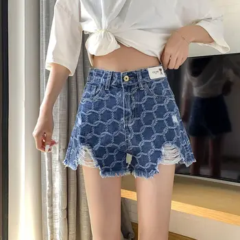 Ljetne Ženske Traper kratke hlače Funky Koreanska verzija, Visoki Struk, Tanke print, Ulica Trend, Svakodnevne široke kratke hlače, Otmjen, Elegantan Y2K