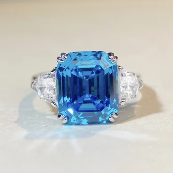 Modni prsten s kubični cirkon plave boje, Изумрудная brušenje, drvo, kamen, Srebro 925 sterling, Vjenčanja vjenčani prsten, prsten s kubični cirkon za žene