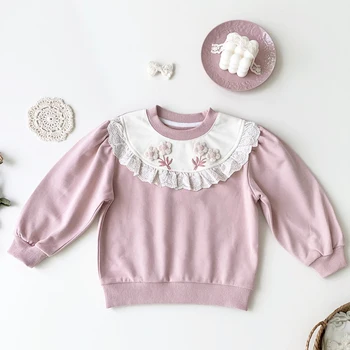 Nove majice za djevojčice, majica s ružičastim uzorkom, pulover okruglog izreza i izvedenim bojama, Dječje majice, cvjetne čipke svakodnevni slobodna dječja odjeća
