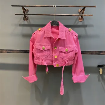 Od 2 do 15 godina, pink traper jakna za djevojčice, jesenski monotono dječje modne kratka jakna s lapels i metalnim gumbima za djevojaka, odjeća