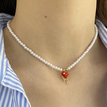 Ogrlica od umjetnih bisera s crvenim srcem za žene, kragnu, kopča od nehrđajućeg čelika, moderan novi proizvod, Besplatna dostava