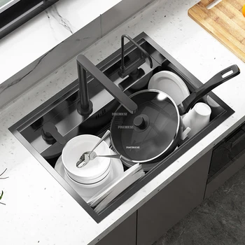 Skrivene kuhinjski sudoperi Od nehrđajućeg Čelika, Pribor za domaće kuhinje,, Kreativnog Jednoslojni Утолщенная bar, Crna Nano-umivaonik
