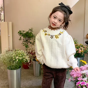 Slatka džemper za djevojčice, svakodnevni univerzalni koreanska verzija, pletene однотонный pulover s vezom i cvjetnim ispis, dječji top s okruglog izreza