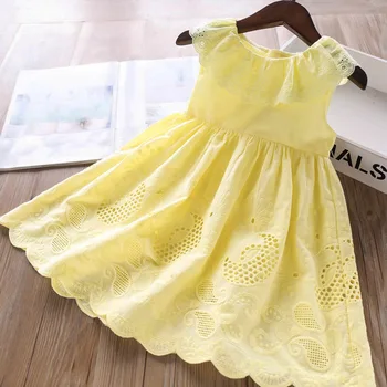 Svijetlo žut pamučno čipkan haljina za djevojčice