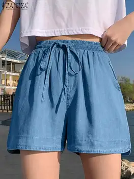 ZANZEA Trendi Ljetne Kratke hlače Ženske S Fleksibilnim Gumicom U Struku Plave Traper Hlače Svakodnevne Slobodne aktivnosti na Plaži Hlače su Čvrste Berba Odmor jahaće hlače