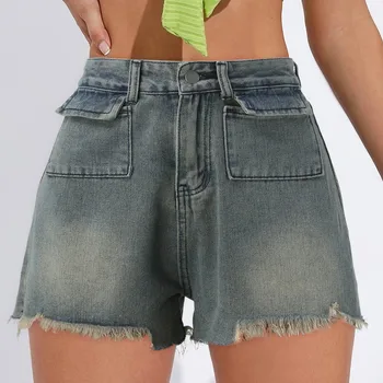 Ženske ljetne traper kratke hlače s visokim strukom i žice s džepovima