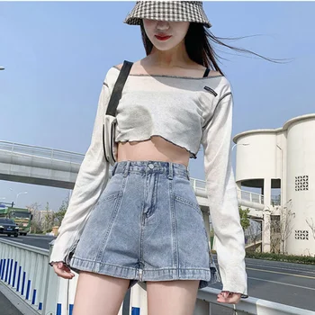 Ženske traper kratke hlače 2023, modni korejski hlače s visokim strukom i širokim штанинами, Slobodna, tanke, s natpisom, moderan dizajn, svakodnevne traperice Y2k Summer