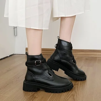 Ženske čizme, Novo 2023 godine, Jesenje Svakodnevne cipele na platformu u Britanskom stilu, Ženski Modni Moto cipele s Kopčom za remen, Pojačava Rast, Booties